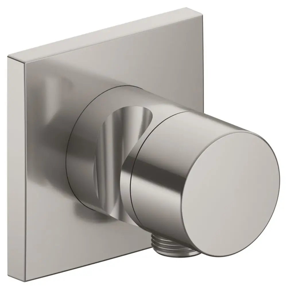 Absperrventil von Keuco in nickel gebürstet, mit quadratischem Wandanschluss und Schlauchanschluss für Brause. Kugelventil in schlichtem Design.